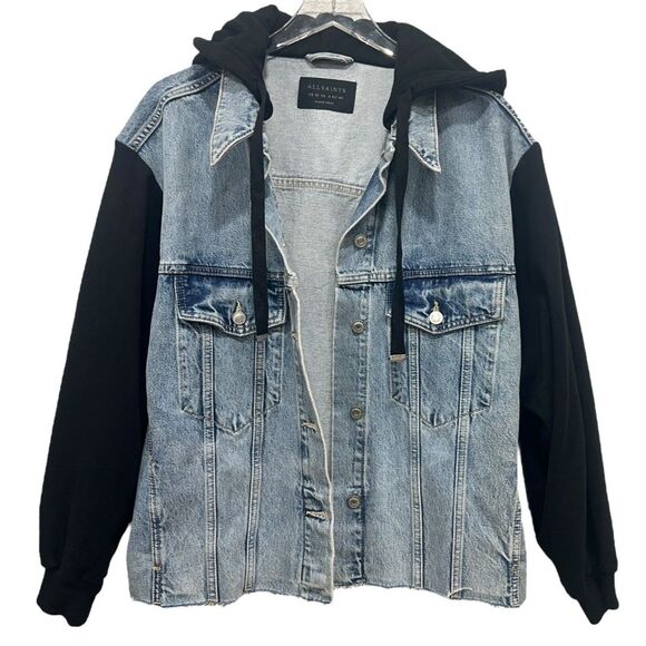 AllSaints Jacket Milena Hooded Denim Size L (US 8) Indigo Blue Black Button - Picture 1 of 10